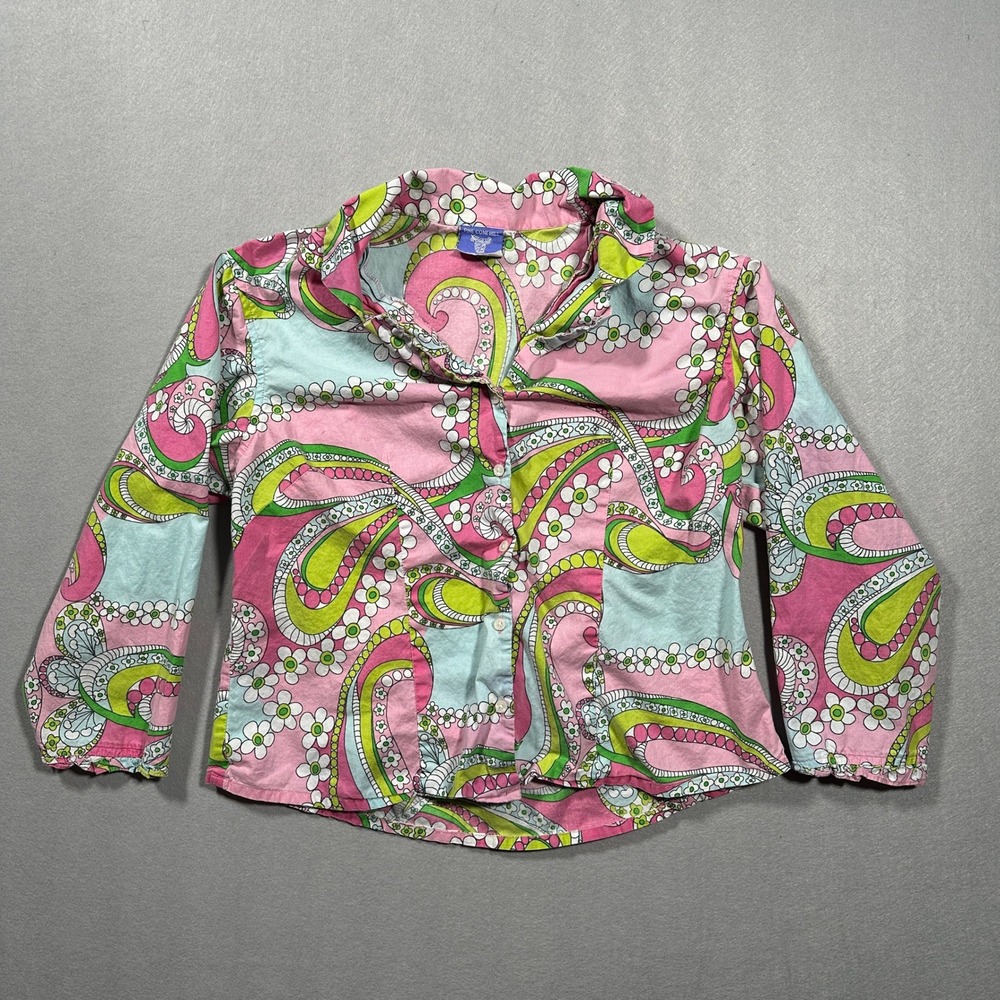 Pine Cone Hill Women Paisley Floral Button Up Shirt Size Small Pink Green Cotton